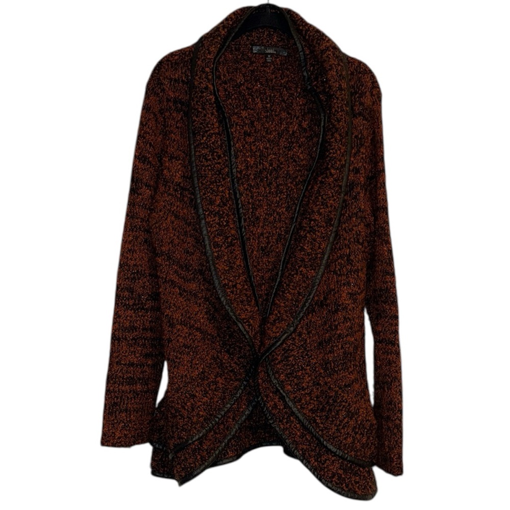 Sioni Black and Burnt Orange Cardigan with Faux Leather Trim